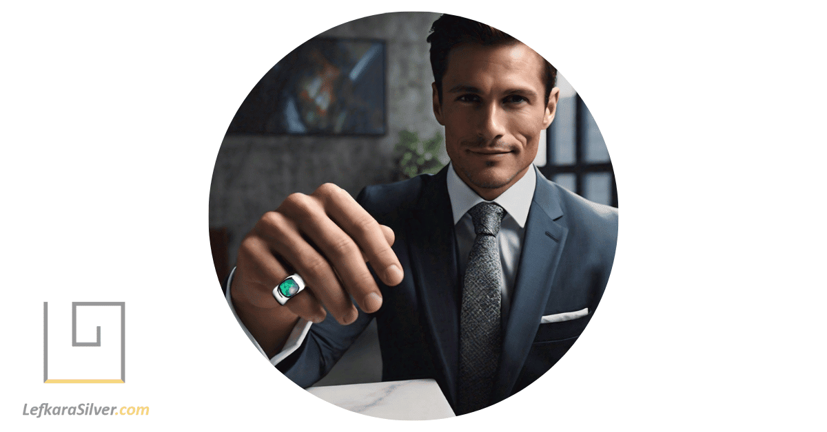 a modern man confidently wearing a sleek opal birthstone ring.
