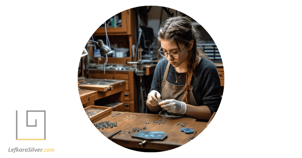 a jeweler carefully selecting materials for creating opal body jewelry.
