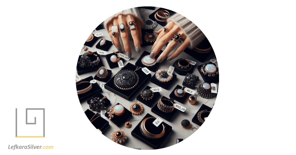 a person searching through a clearance sale of opal jewelry, with discounted price tags visible on the items.
