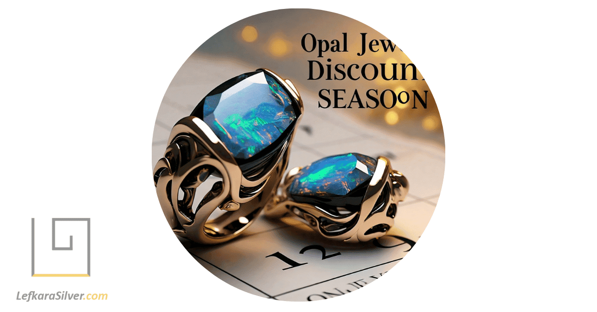 a calendar marked with the opal jewelry discount season, a pair of opal earrings resting on the marked date.
