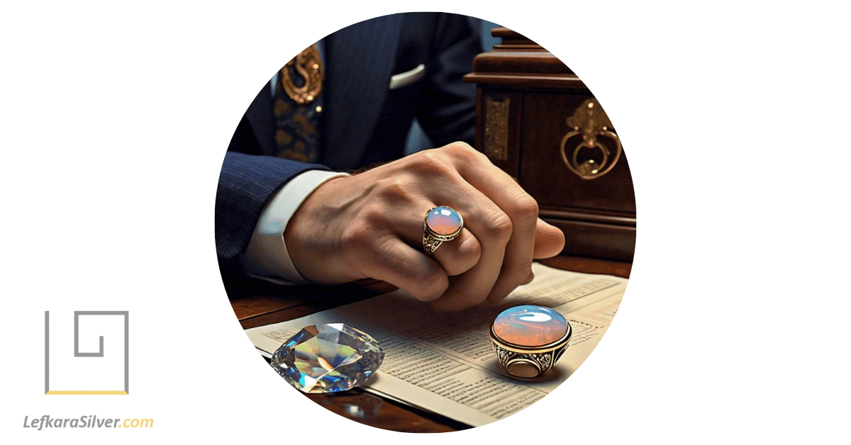 a man holding an opal ring, examining its intricate details and vibrant colors, reflecting the facts and figures of opal jewelry.
