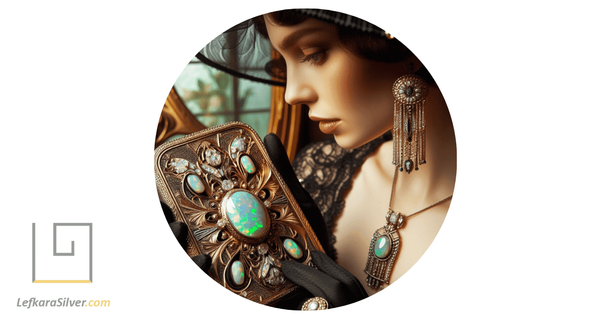 an art deco enthusiast admiring a piece of opal jewelry from the era, the intricate designs reflecting the distinctive style of the period.
