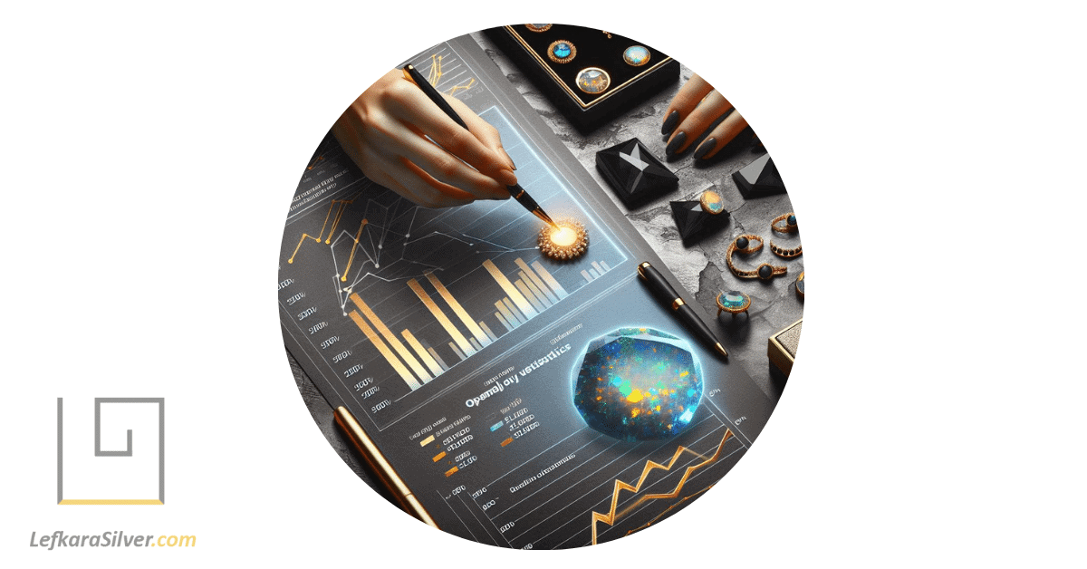 a person analyzing a chart of key statistics related to opal jewelry sales, with opal jewelry pieces scattered on the table.
