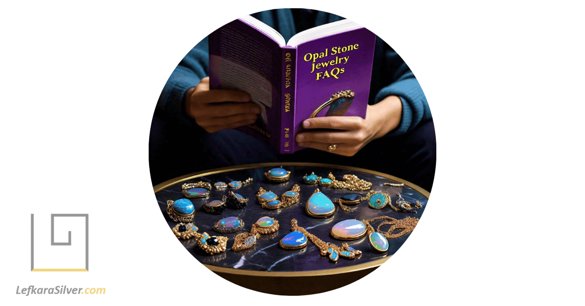 a person reading a book titled "Opal Stone Jewelry FAQs", with various pieces of opal jewelry spread out on the table.