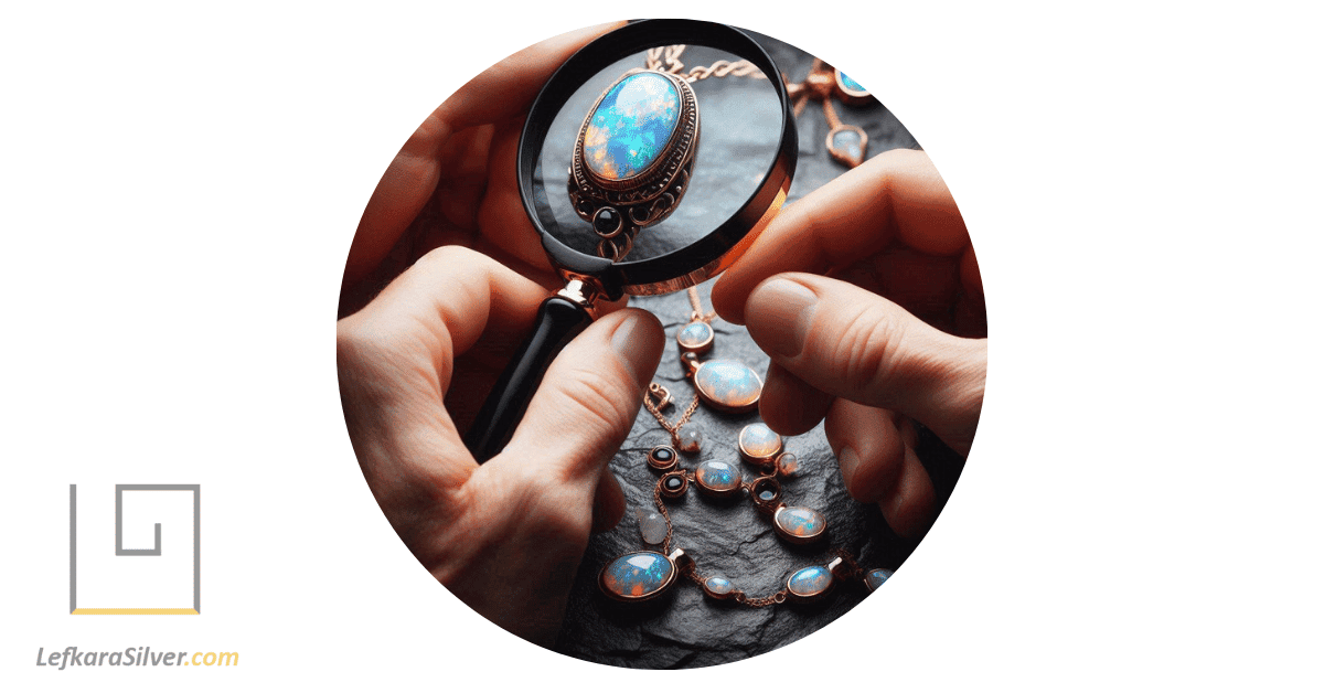 a person holding a magnifying glass, examining the unique characteristics of an opal stone necklace.
