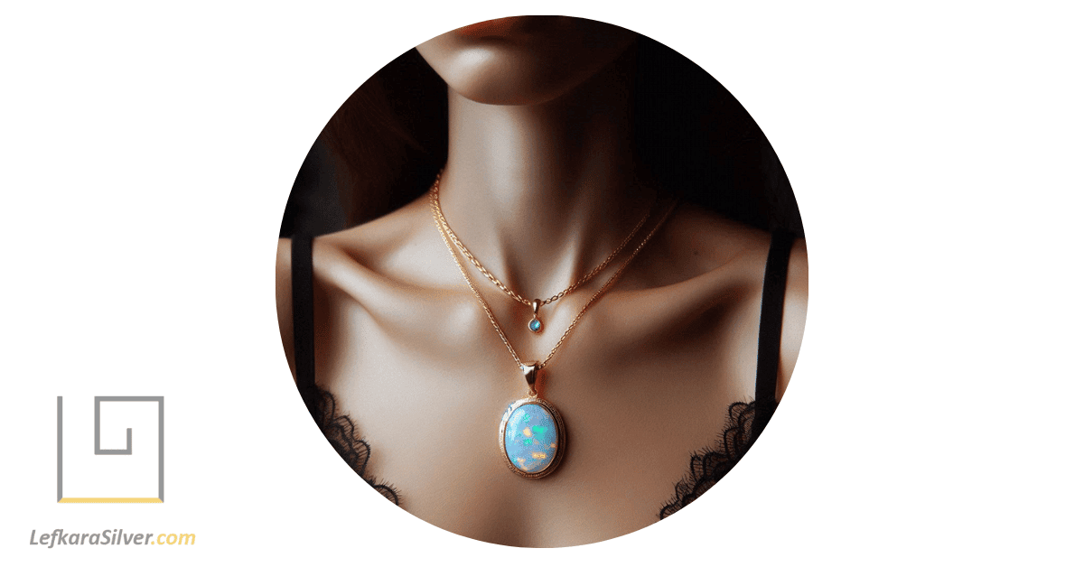 a person with a gold chain around their neck, the pendant being a radiant opal stone encased in gold.

