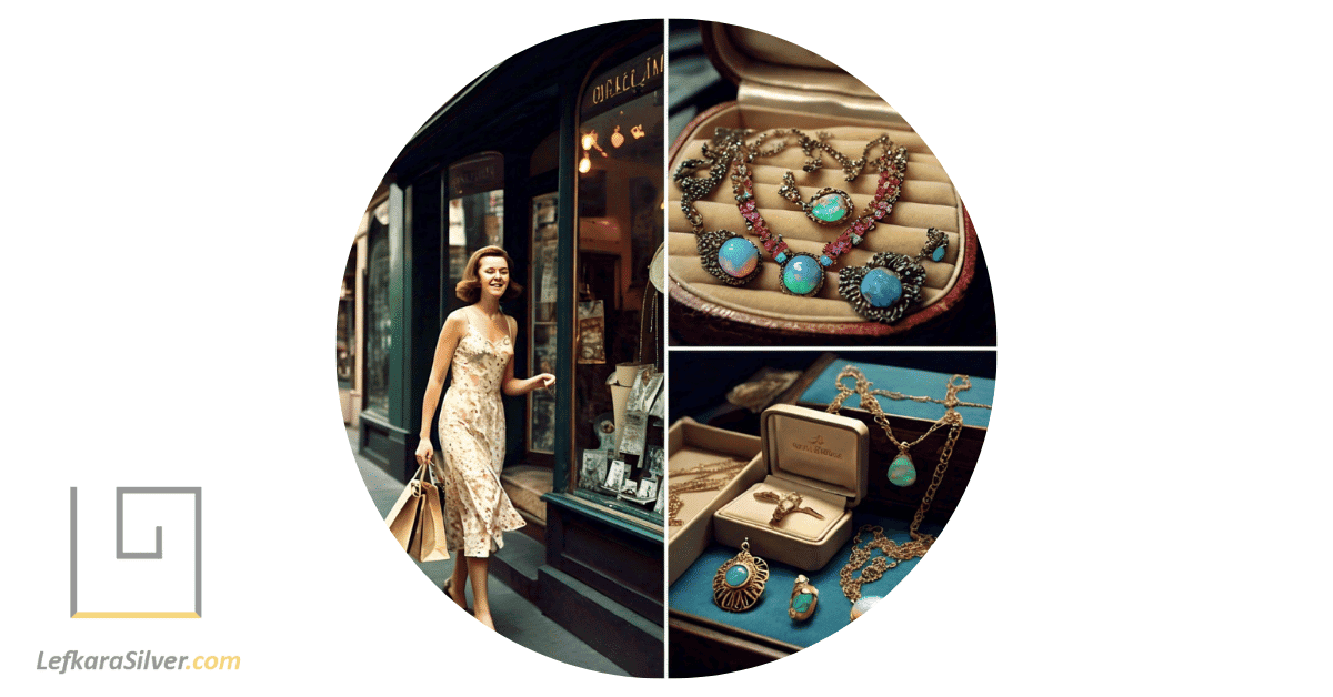 a retro woman happily exiting a vintage opal jewelry store