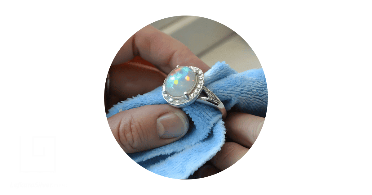 A person's hand wiping an opal wedding ring with a towel.