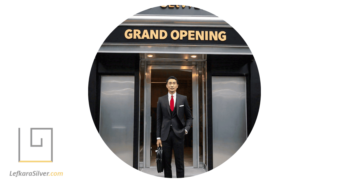 a person in a suit, standing in front of a silver shop with a grand opening sign, symbolizing How to Start a Silver Wholesale Business.
