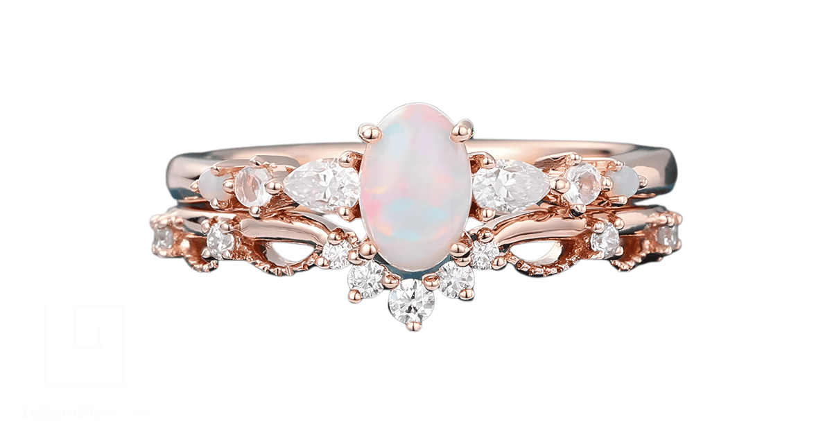 A beautiful pink opal wedding ring.
