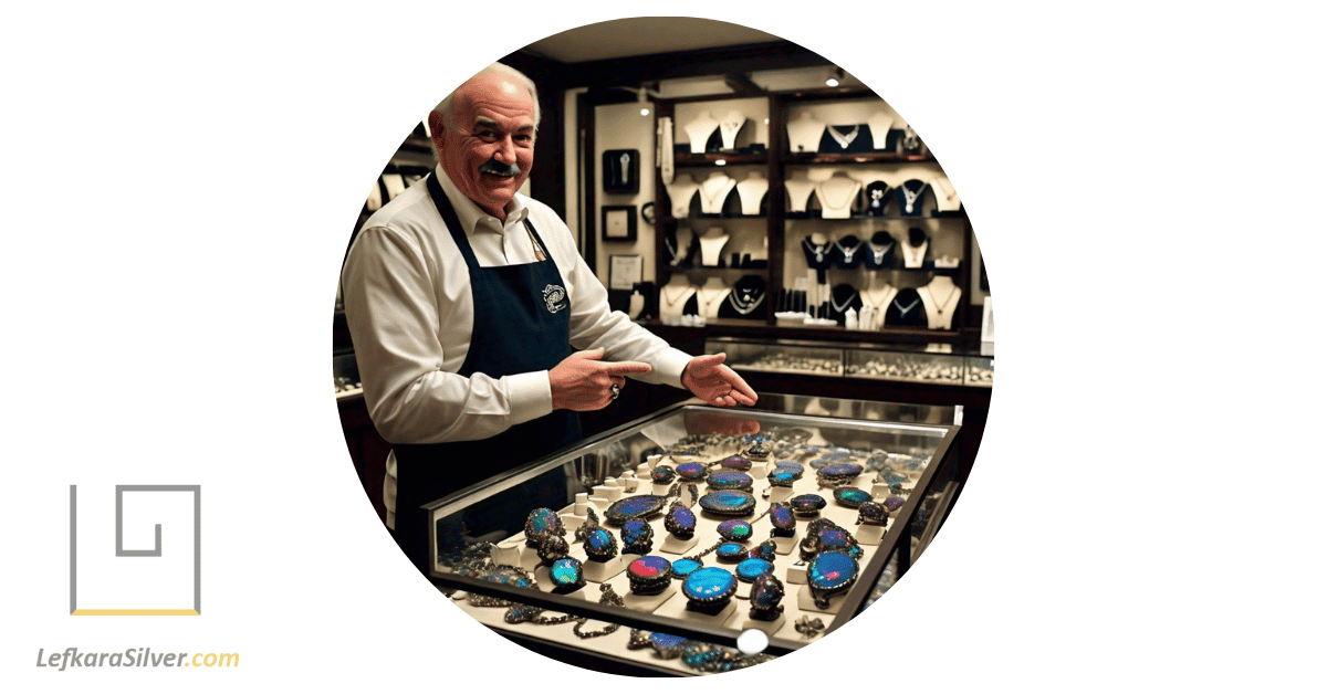 a man in a jewelry store, pointing towards a display case filled with unique men's opal jewelry designs.
