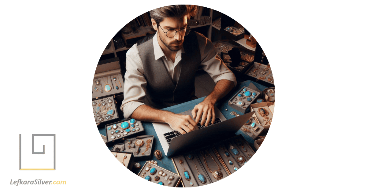 a man sitting at a desk, surrounded by various pieces of men's opal jewelry, as he researches on his laptop.