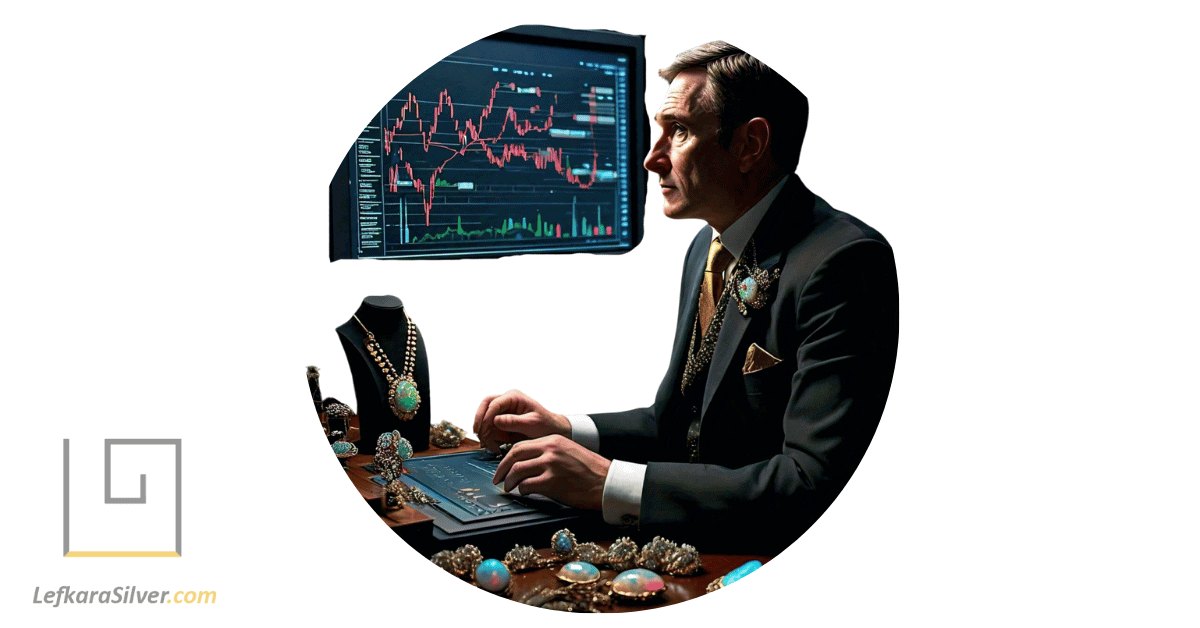 a man analyzing a graph on a digital screen, with various pieces of opal jewelry scattered around him.
