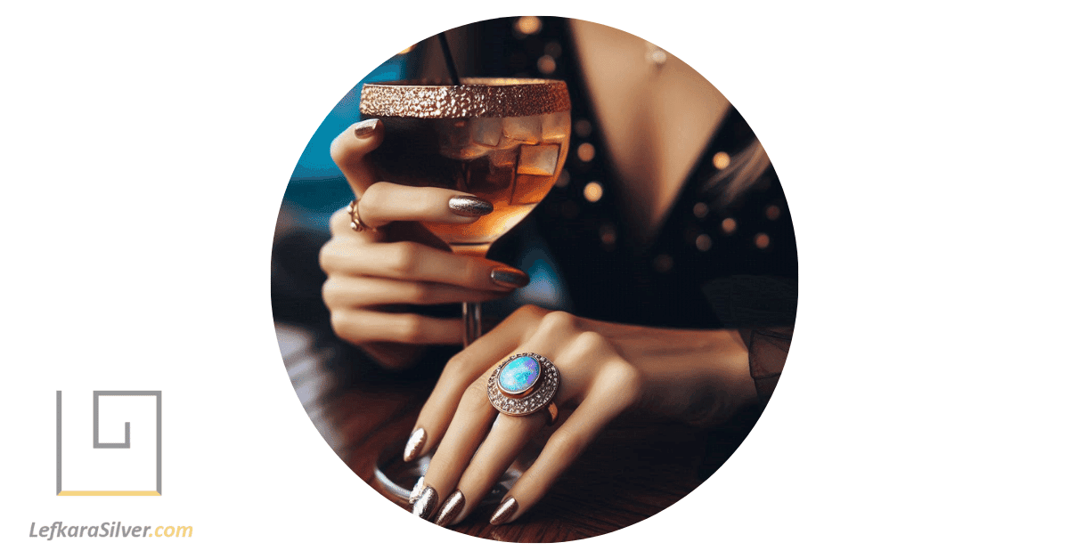 a person at a cocktail party, their hand holding a cocktail glass adorned with a stunning opal cocktail ring.
