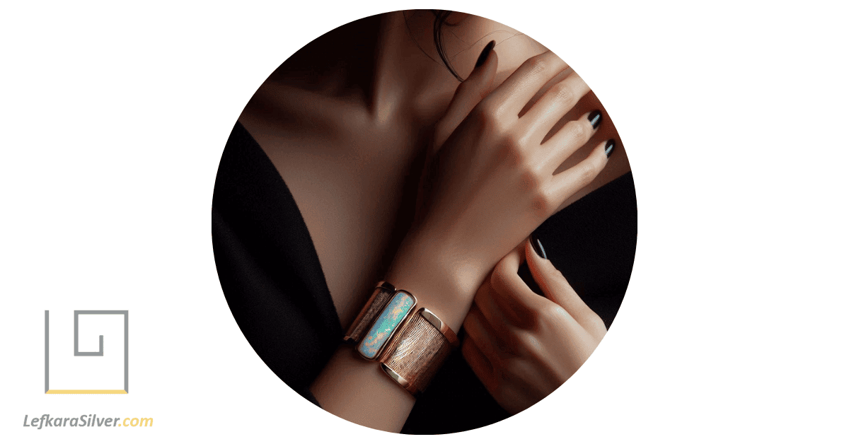 a person elegantly showcasing an opal cuff bracelet.
