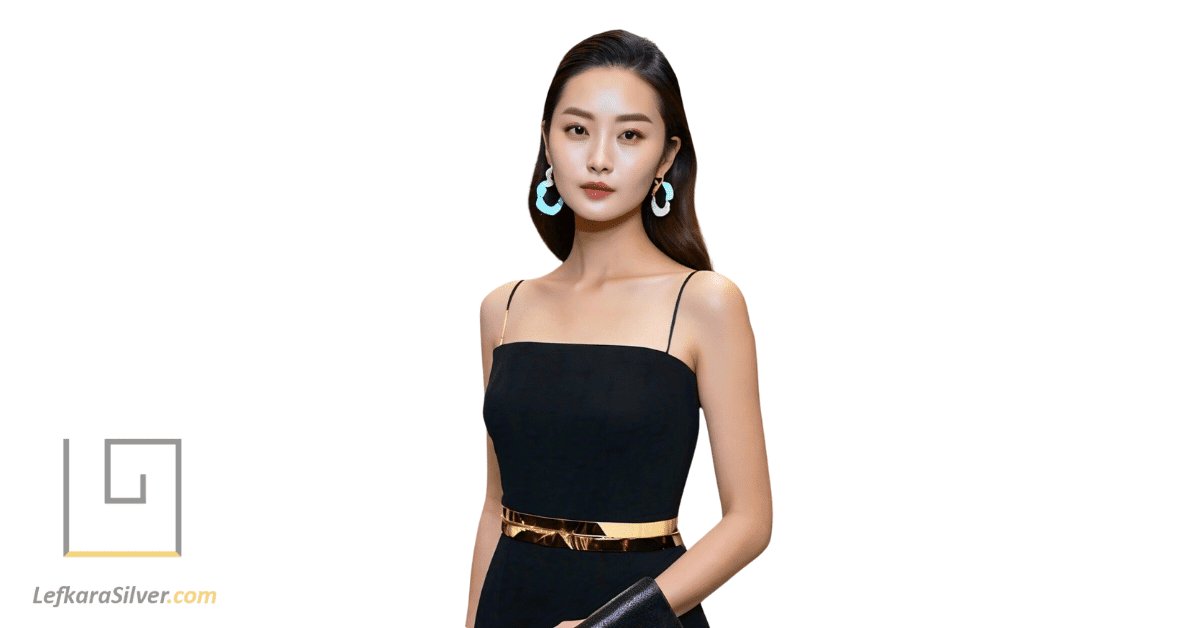 a stylish woman wearing opal hoop earrings at a high-end fashion event.
