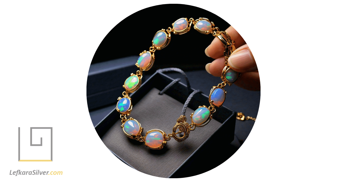 a person elegantly showcasing an opal cuff bracelet.
