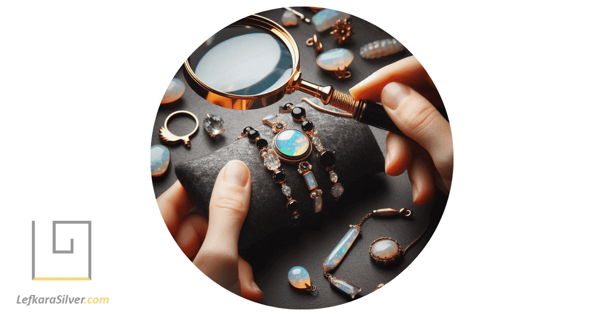 a person examining an opal jewelry bracelet with a magnifying glass, highlighting the key facts.
