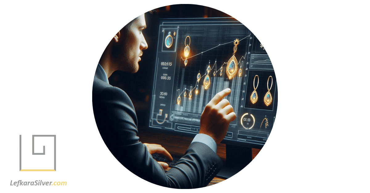 a man analyzing a chart of opal earring sales statistics on a digital screen.
