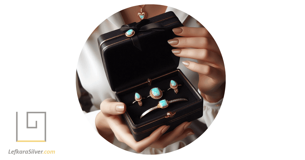 a woman opening a gift box to reveal an opal jewelry set, suitable for any occasion.
