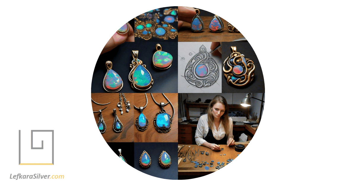 a jewelry designer sketching well-liked designs of opal pendants, with various opal pendants spread out on the table.
