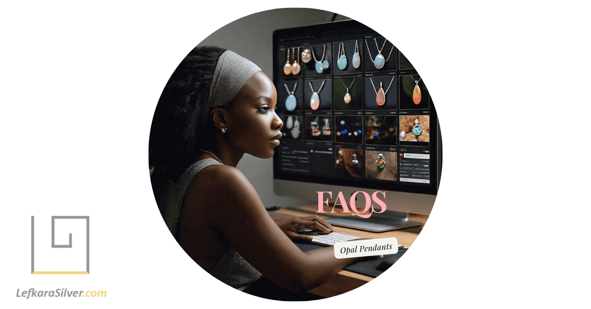 a person browsing through an online FAQ on opal jewelry pendants, with various opal pendants displayed on the screen.