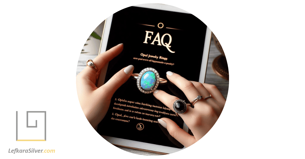 a person reading an FAQ on their tablet about opal jewelry rings, an opal ring resting next to the tablet for reference.