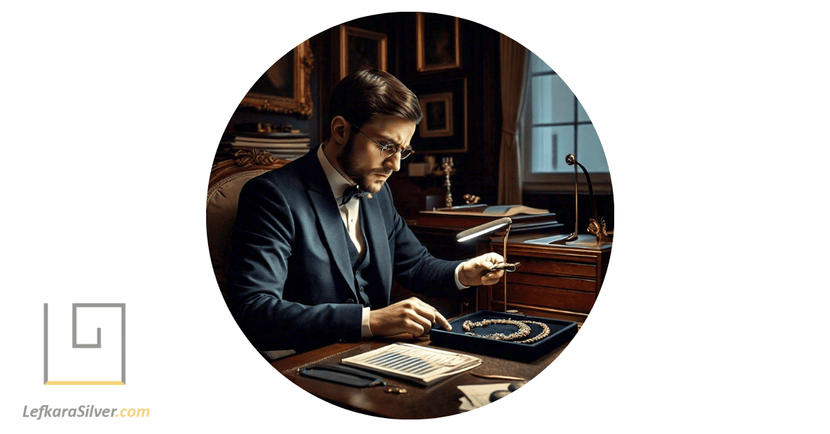 a man analyzing a set of opal jewelry with a magnifying glass, representing the key statistics for the month and year.
