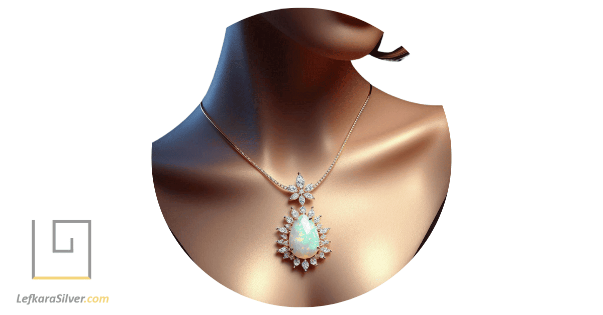 a diamond accented opal pendant hanging elegantly around the neck of a model, the diamonds sparkling brilliantly.
