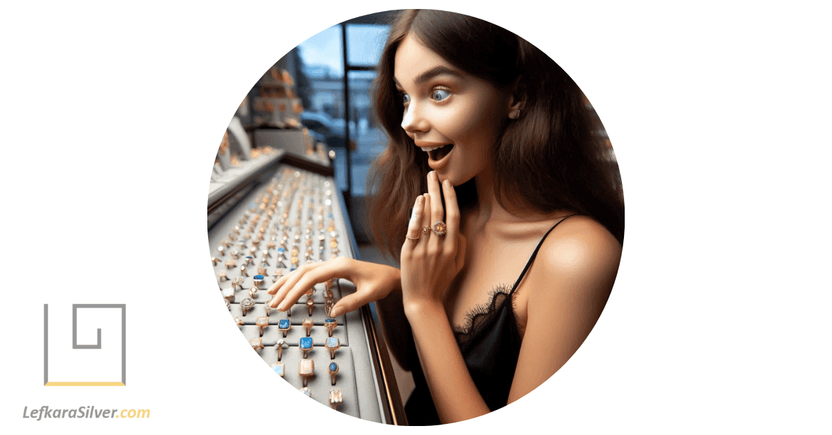 a person browsing through a display of opal rings for sale at a jewelry store, their eyes wide with delight at the beautiful selection.
