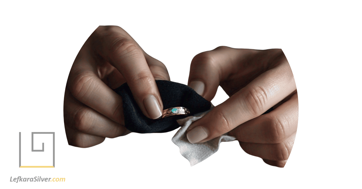 a person carefully cleaning their opal wedding ring with a soft cloth and mild soap.
