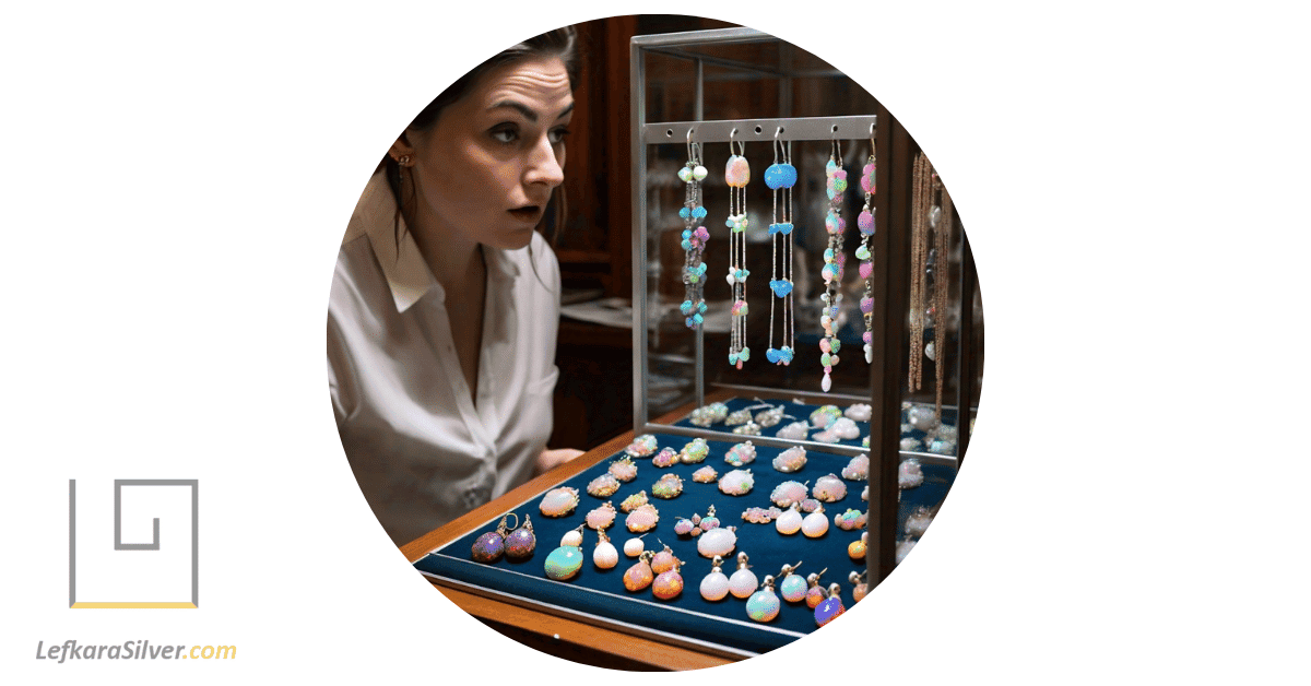 A person admiring a display of different types of opal earrings