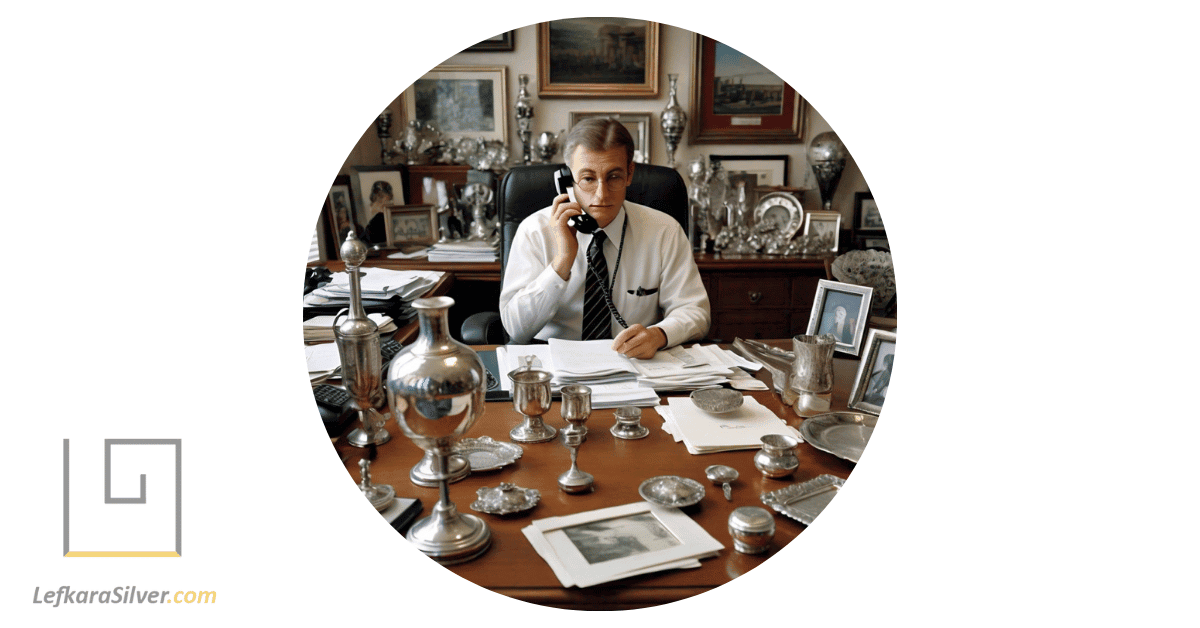 a person at a desk, answering phone calls and emails, surrounded by silver items, symbolizing Silver Wholesale FAQs.