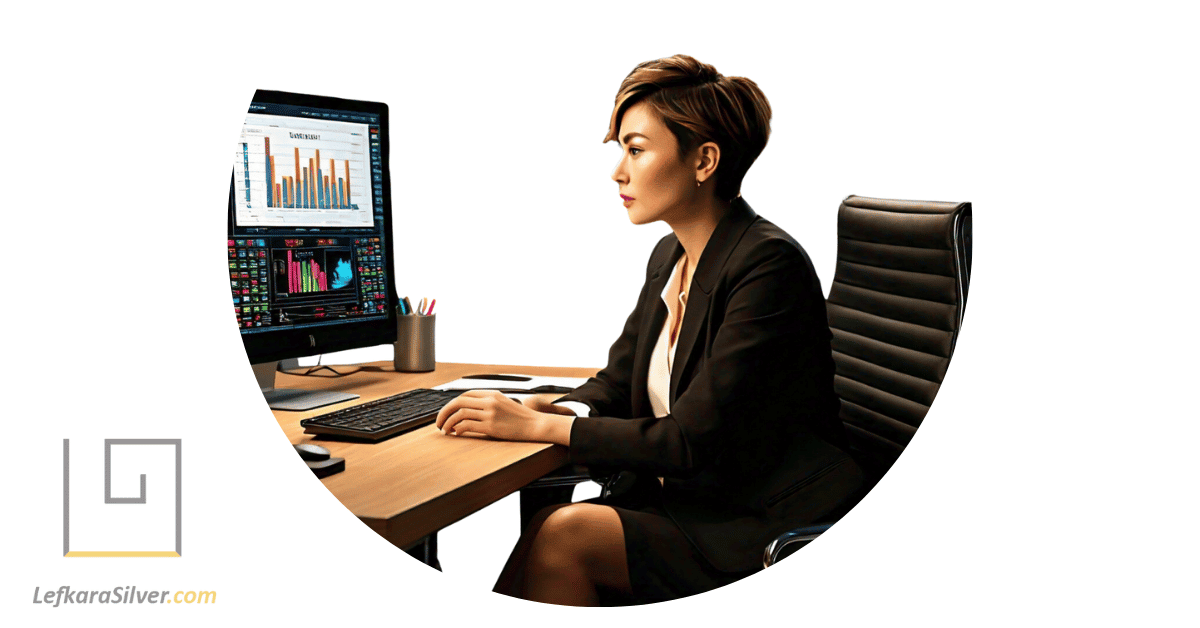 a woman analyzing a graph on a digital screen, which represents the women's opal jewelry market statistics.
