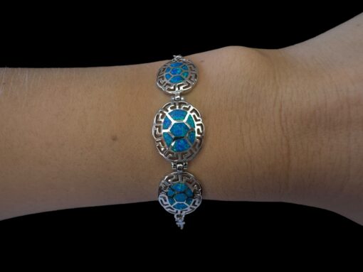 Blue Opal Bracelet Cosmic Meander Silver Jewelry Wear Shot - Model Shot - Lefkara Silver