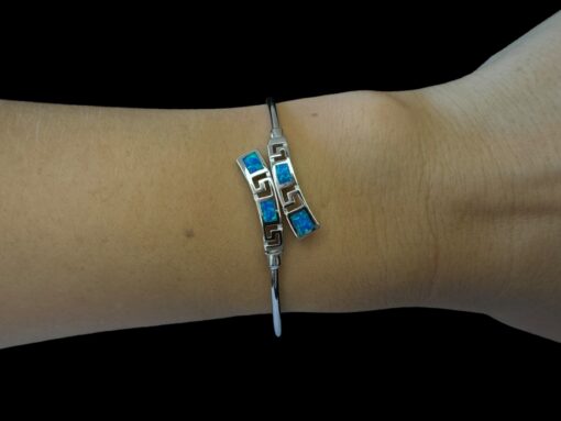 Blue Opal Bracelet Meander Crossover Silver Jewelry Wear Shot - Model Shot - Lefkara Silver