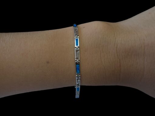 Blue Opal Bracelet Mosaic Tile Silver Jewelry Wear Shot - Model Shot - Lefkara Silver