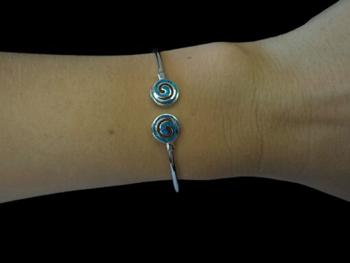 Blue Opal Bracelet Spiral Bangle Silver Jewelry Wear Shot - Model Shot - Lefkara Silver