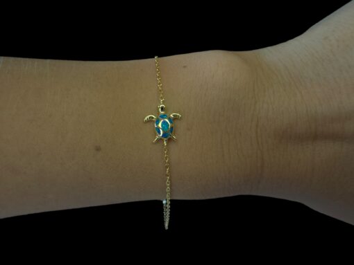 Blue Opal Bracelet Starlight Turtle Gold Plated Jewelry Wear Shot - Model Shot - Lefkara Silver