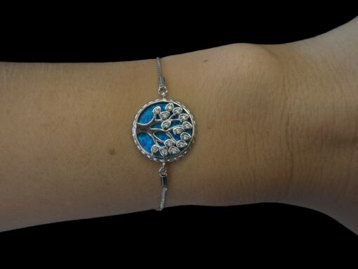 Blue Opal Bracelet Tree of Life Sparkles Silver Jewelry Wear Shot - Model Shot - Lefkara Silver