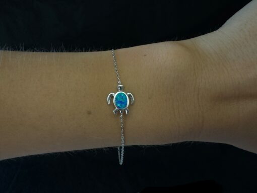 Blue Opal Bracelet Turtle Tale Silver Jewelry Wear Shot - Model Shot - Lefkara Silver