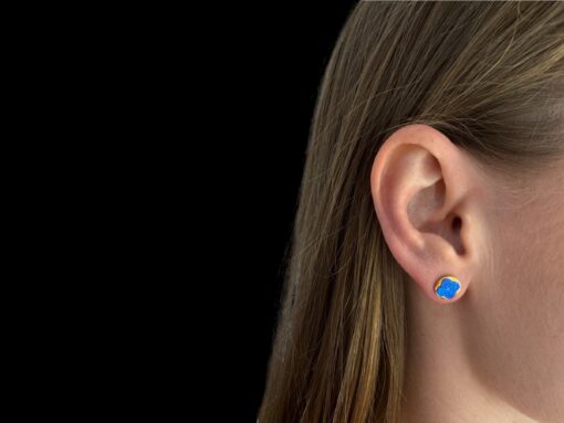 Blue Opal Earrings Clover Studs Gold Plated Jewelry Wear Shot - Model Shot - Lefkara Silver