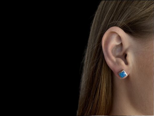 Blue Opal Earrings Diamond Studs Silver Jewelry Wear Shot - Model Shot - Lefkara Silver