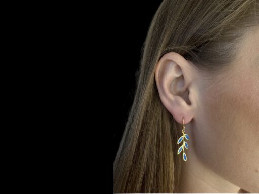 Blue Opal Earrings Nature's Whisper Gold Plated Jewelry Wear Shot - Model Shot - Lefkara Silver