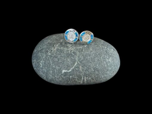 Blue Opal Earrings Phaistos Disk Halo Silver Jewelry Display Shot - Prop Shot - Lefkara Silver