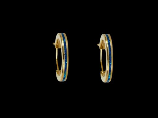 Blue Opal Earrings Sleek Hoops Gold Plated Jewelry Product Shot - Isolated View - Lefkara Silver