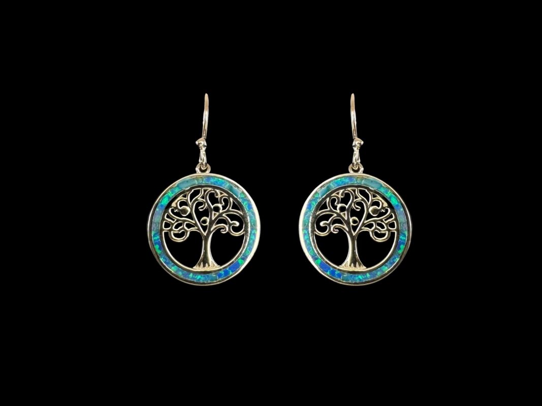 Blue Opal Earrings Tree of Life Halo Silver Jewelry Product Shot - Isolated View - Lefkara Silver