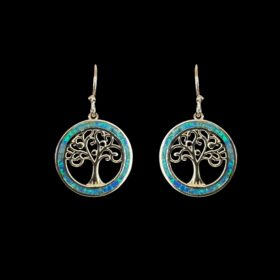 Blue Opal Earrings Tree of Life Halo Silver Jewelry Product Shot - Isolated View - Lefkara Silver