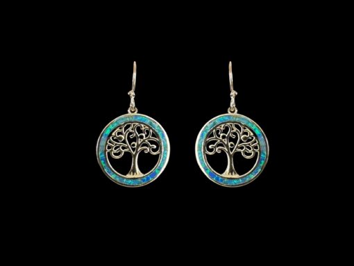 Blue Opal Earrings Tree of Life Halo Silver Jewelry Product Shot - Isolated View - Lefkara Silver