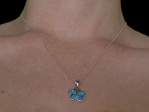 Blue Opal Pendant Butterfly Spirit Silver Jewelry Wear Shot - Model Shot - Lefkara Silver